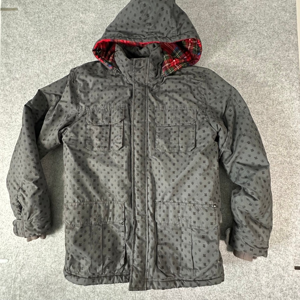 Quiksilver Snowboard Jacket Mens Large Gray Plaid Hood Monogram Print
